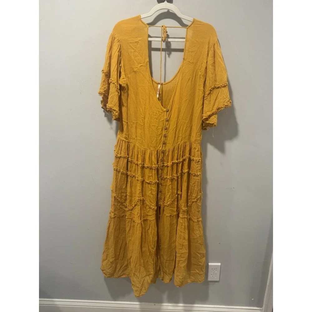 Free People Orianna Button Front Gold Yellow Midi Dress Size XS Oversized